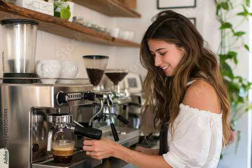 Barista making coffee in a cozy cafe, fully engaged in the process, smiling and serving customers with top notch service in her small business. Freshly ground coffee beans fill the air