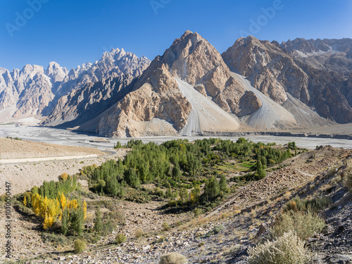 Scenic landscape view of upper Hunza river valley near Passu, Gojal, Hunza, Gilgit-Baltistan, Pakistan photo