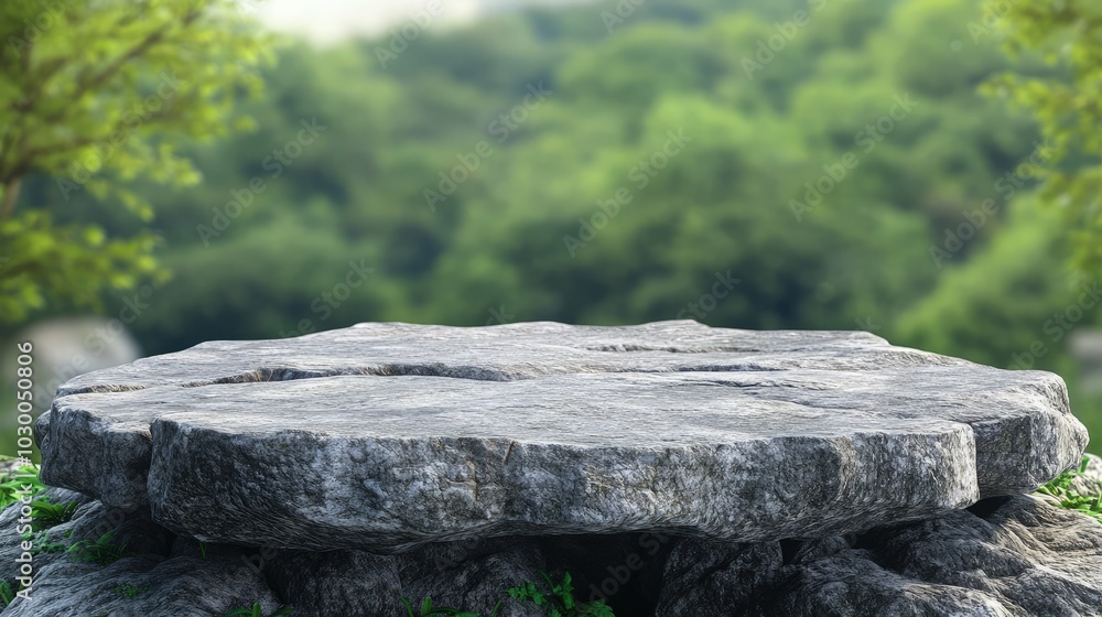 Stone podium on rock platform 3d illustration, grey rock pedestal for a product display stand, green forest and blurred on the background, natural scenery landscape. Stone podium on rock platform 3d illustration, grey rock pedestal for a product display stand, green forest and blurred on the background, natural scenery landscape.