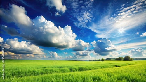 A calm blue sky hovers above lush green grass, forming an inviting nature scene perfect for relaxation and inspiration, fostering peace and serenity.