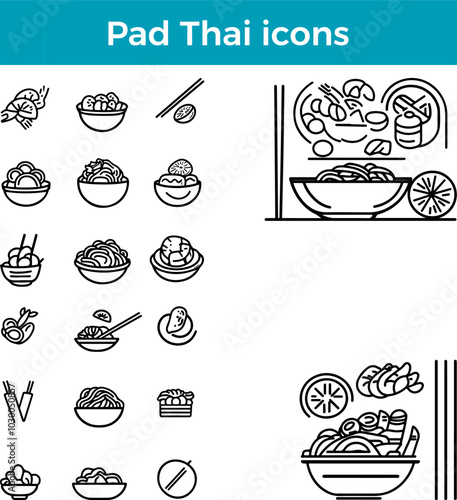 Pad Thai icons line Asian food noodle dish vector traditional Thai cuisine stir-fried illustration set