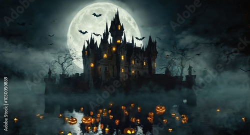 A creepy Halloween-themed castle with a moat of mist, glowing jack-o'-lanterns, and a full moon overhead.