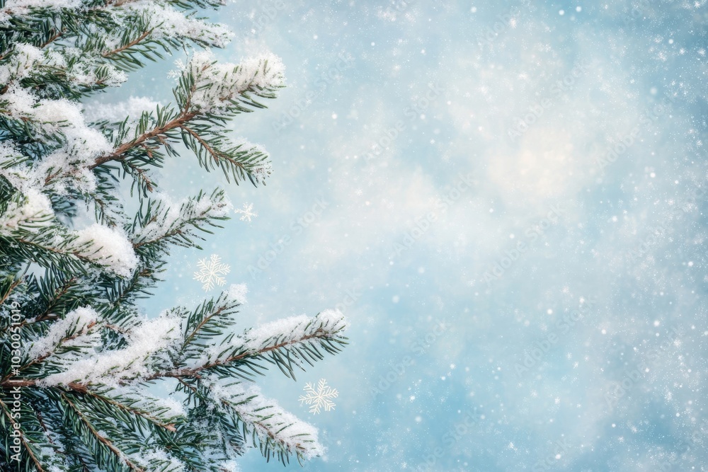 Snowy dreams with pine needles and flakes set on a teal vertical background Snowy dreams with pine needles and flakes set on a teal vertical background