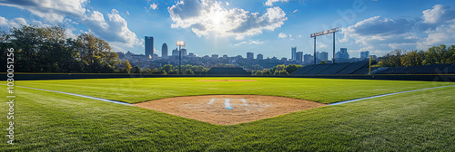 A photo of Pinoe's field in Mac Rainn Park, with the background showing downtown Grove City Pittsburgh. Baseball Field Panorama