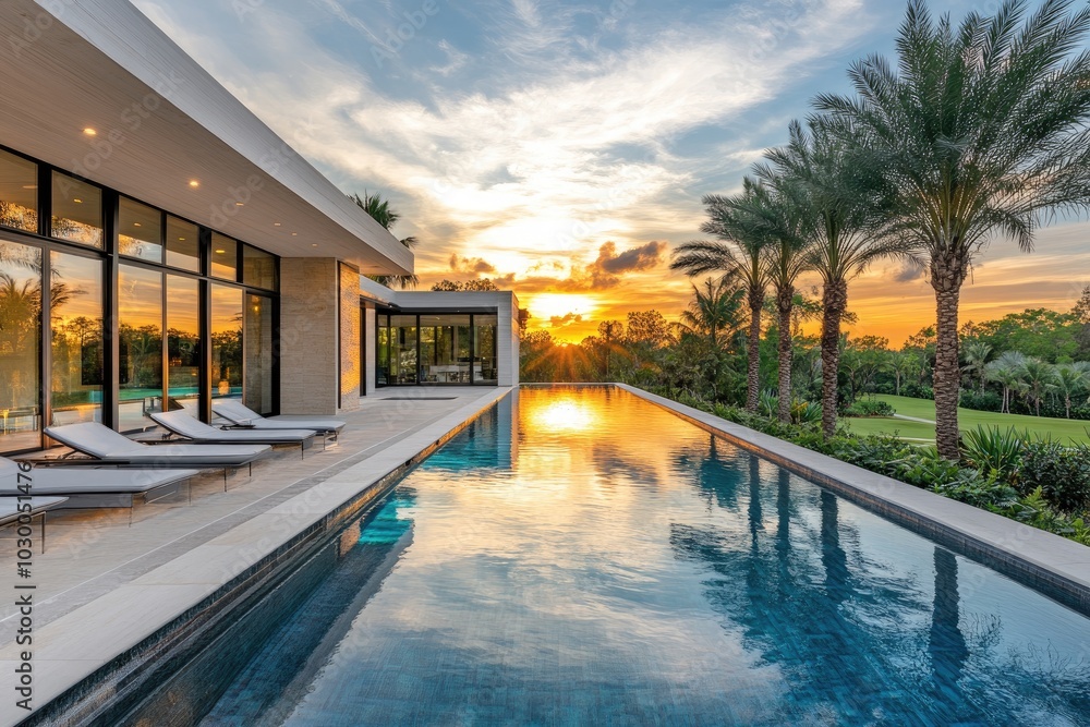 Fototapeta premium Modern Tropical Villa Design: Sleek Architecture Embraced by Lush Greenery and Stunning Outdoor Spaces for Luxurious Living and Relaxation in Paradise