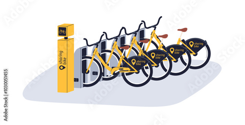 Bicycle rental sharing station. Eco-friendly city transport, bike rent service with docked cycles on parking area, place for public use. Flat vector illustration isolated on white background