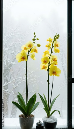 There is a vase with flowers on the windowsill. The window is covered with frost, and outside the window is a snowy landscape. The flowers are arranged in the vase, and they are the main focus of the 