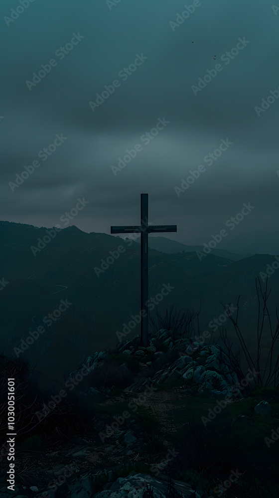 Naklejka premium A hauntingly beautiful scene of a cross silhouette against a dark, cloudy sky at dusk, conveying solitude and serenity. It exudes contemplation and peace in a moody twilight landscape