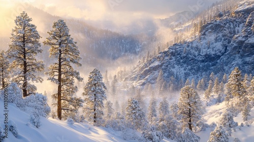 A breathtaking winter scene unfolds with snow-covered pine trees bathed in the warm glow of a sunny morning. The frosty air hangs in the mountain valley, creating a stunning natural backdrop.