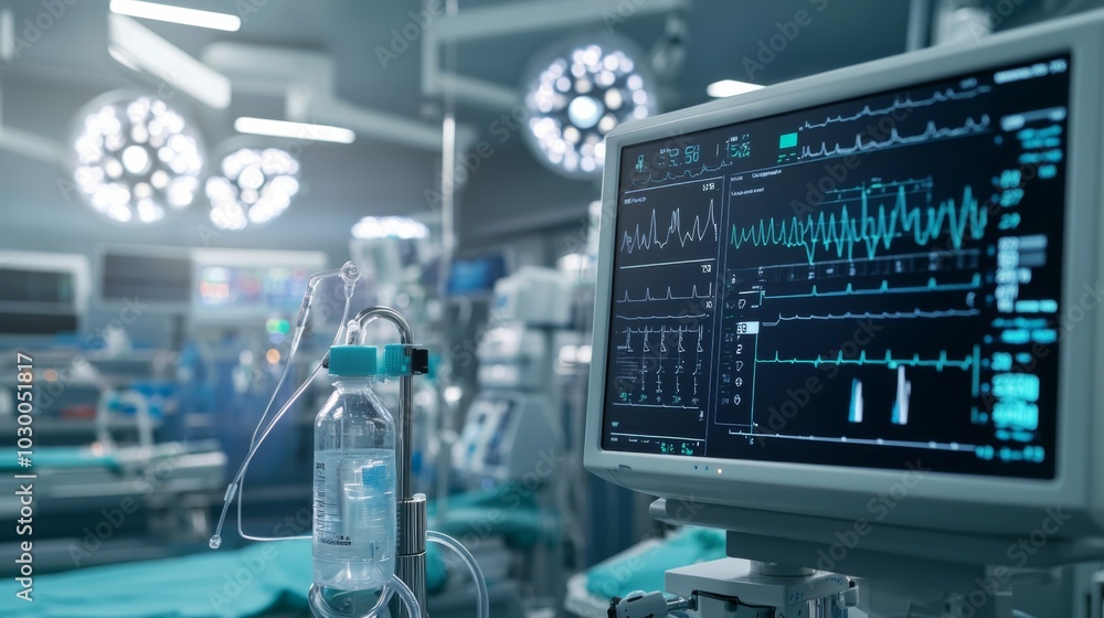 Hospital Operating Room with Medical Equipment and Monitors Showing Graphs, Saline Bottle, and Modern Sterile Atmosphere Hospital Operating Room with Medical Equipment and Monitors Showing Graphs, Saline Bottle, and Modern Sterile Atmosphere