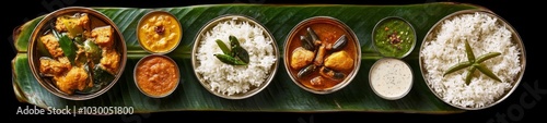 Variety of Indian dishes arranged in circular pattern on banana leaf, two rows of three, first row left and second middle. photo