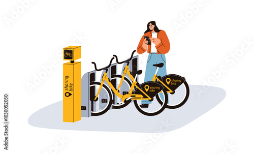 Bike sharing service. Woman customers renting bicycle online with mobile app on phone. Person with smartphone at cycle rental, eco transport. Flat vector illustration isolated on white background