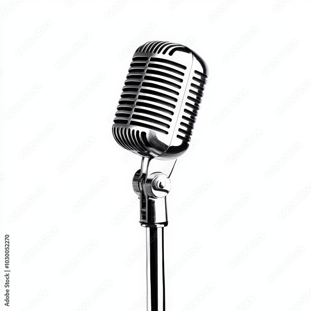 Fototapeta premium Vintage microphone on a stand, white isolated background.