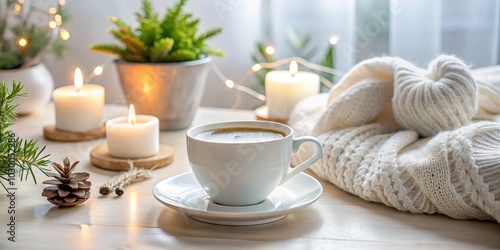 On a simple table, a cozy white coffee cup sets a tranquil atmosphere, encouraging relaxation and mindfulness while enjoying your warm beverage in peace.