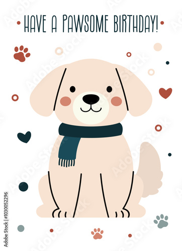 Vector Illustration of Cute Dog with Scarf for Birthday Greeting Cards, Invitations, and Posters