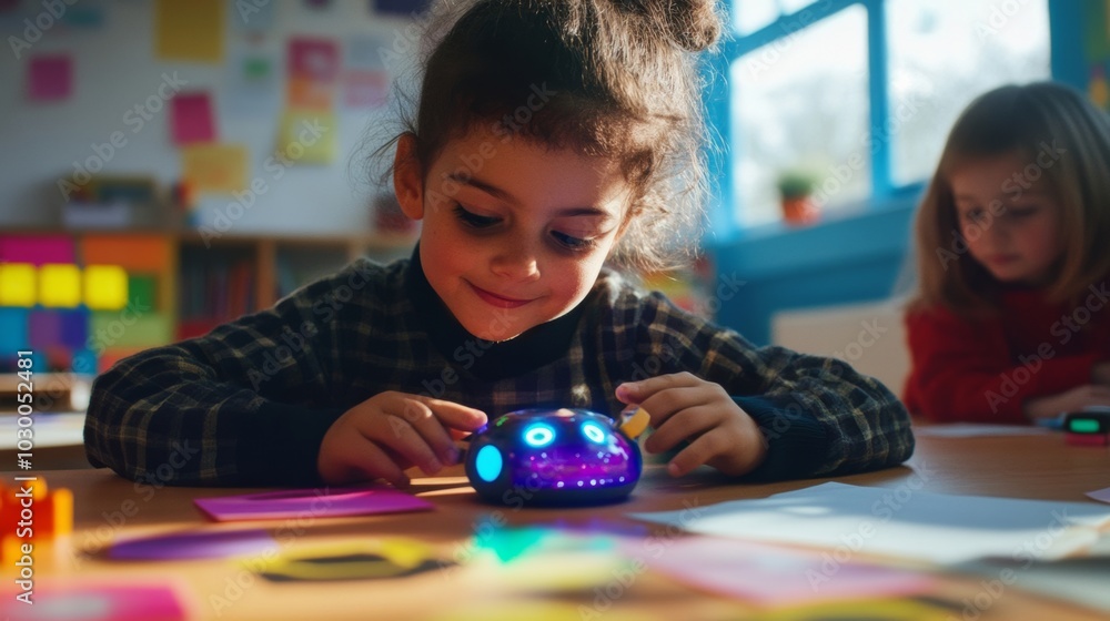 Fototapeta premium Child Engaged with Interactive Robot Toy in Bright Classroom Setting