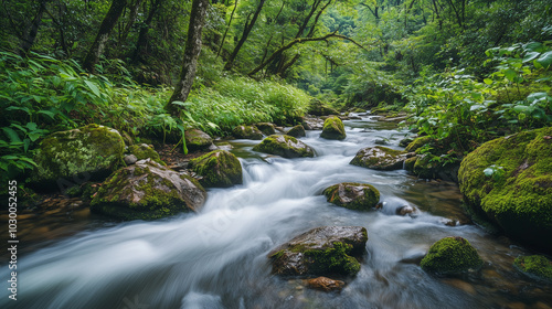 Silky Long Exposure of a River Flowing Over Mossy Rocks