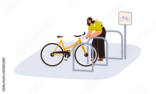 Bike parking lot, rack station in urban area. Cyclist locking bicycle outdoors for security, eco-friendly city transport. Safety cycle storage. Flat vector illustration isolated on white background