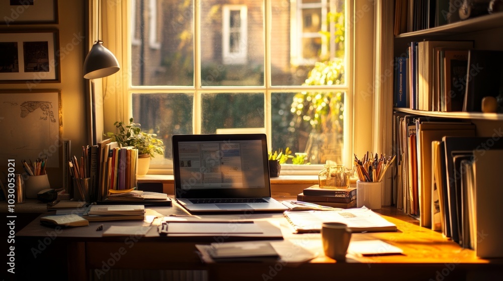 Cozy workspace with a laptop and warm sunlight shining through a window Cozy workspace with a laptop and warm sunlight shining through a window