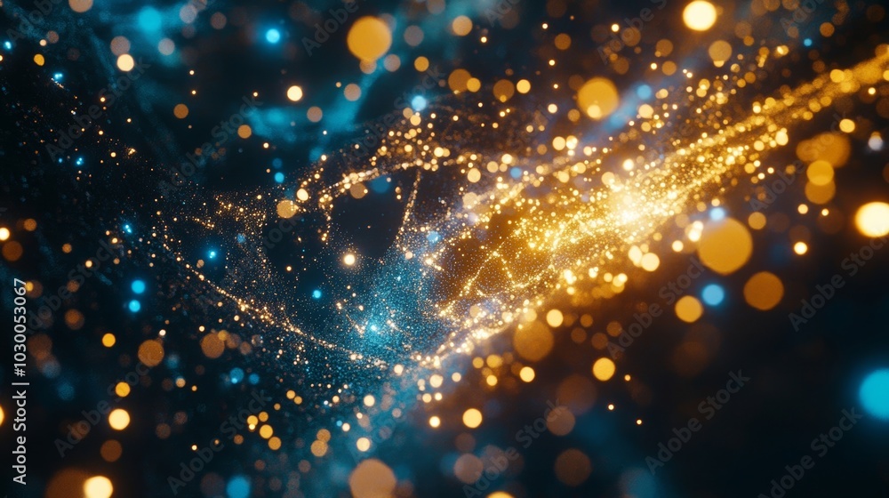 Fototapeta premium Glowing particles spark creativity in a vibrant cosmos. Bright dots dance through space, blending colors and light into a stunning visual experience.