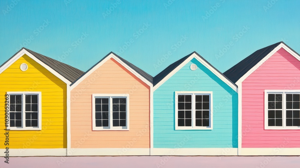 Charming Coastal Row of Brightly Colored Beach Houses by the Shore Charming Coastal Row of Brightly Colored Beach Houses by the Shore