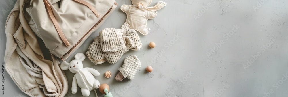 Mother bag with baby stuff, soft bag with children warm clothes and knitted toys on light background Mother bag with baby stuff, soft bag with children warm clothes and knitted toys on light background