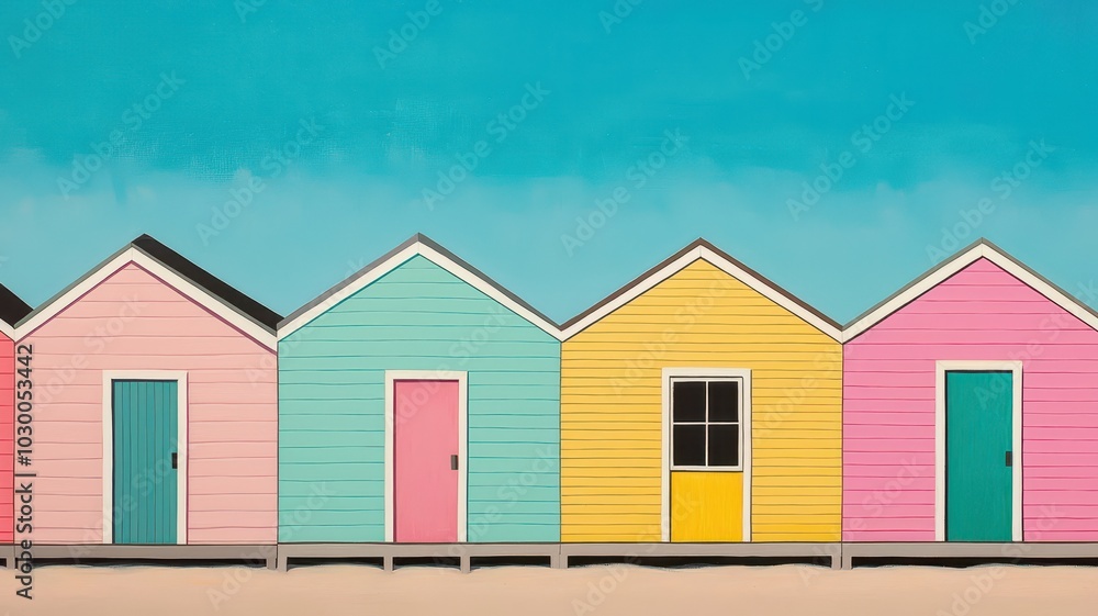 Charming Coastal Row of Brightly Colored Beach Houses by the Shore Charming Coastal Row of Brightly Colored Beach Houses by the Shore