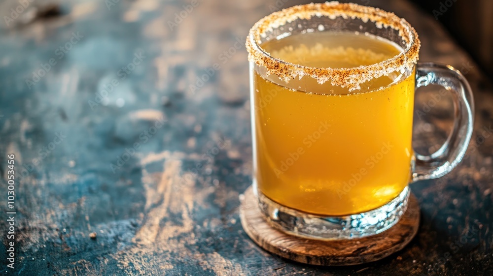 Glass mug filled with yellow beverage, rimmed salt or sugar, on wooden coaster Glass mug filled with yellow beverage, rimmed salt or sugar, on wooden coaster