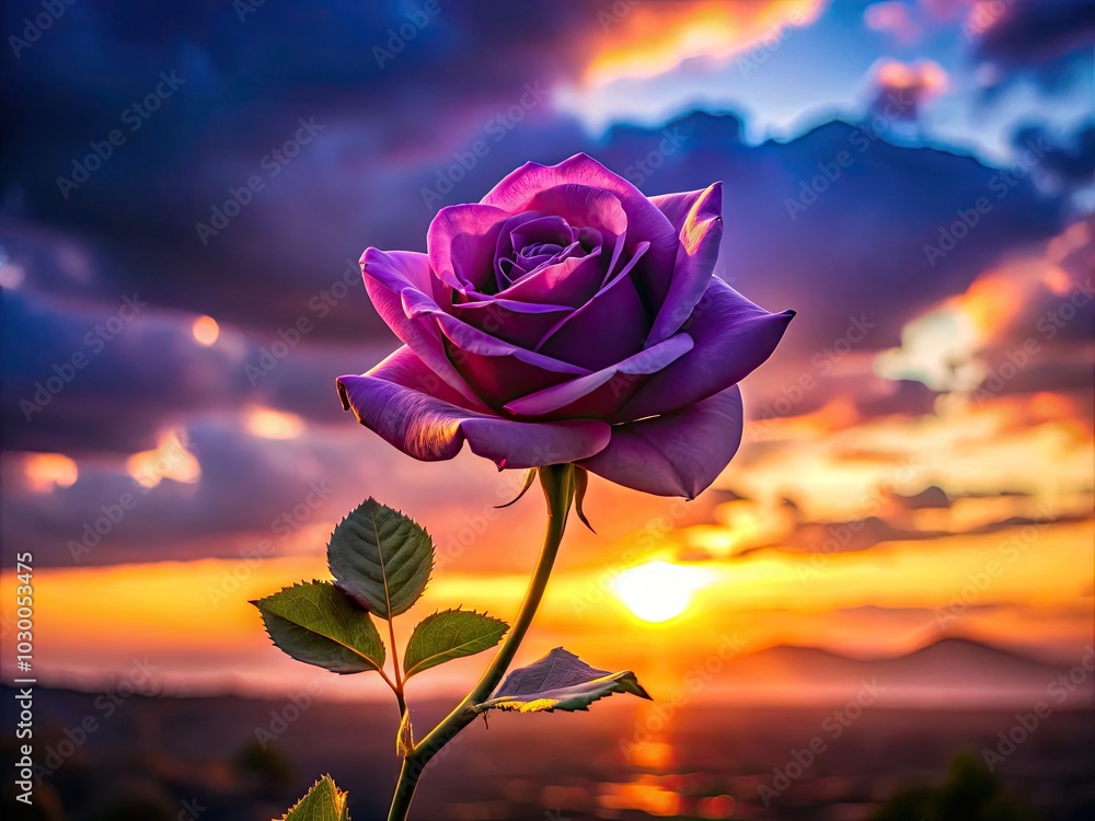 An elegant purple rose dances softly in the evening breeze, framed by a vibrant sunset, showcasing the exquisite harmony between nature and twilight's warm glow. An elegant purple rose dances softly in the evening breeze, framed by a vibrant sunset, showcasing the exquisite harmony between nature and twilight's warm glow.