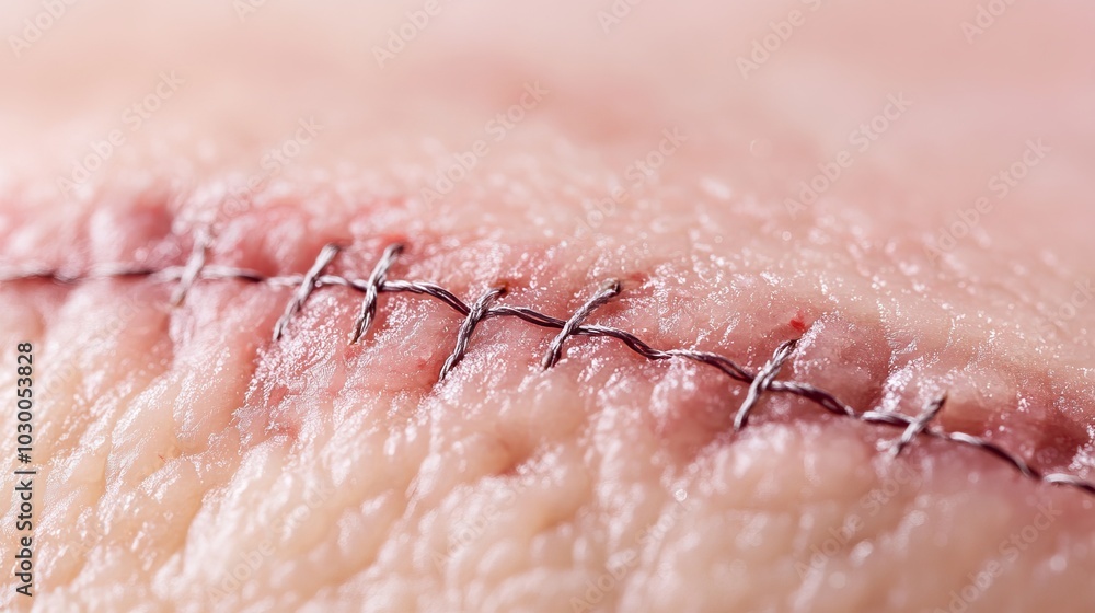 Fototapeta premium Detailed Close-Up of Skin Sutures on Reconstructed Area
