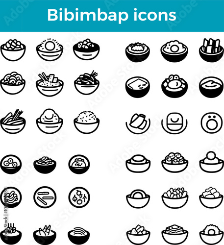Bibimbap icons line Korean food rice bowl vector traditional cuisine mixed vegetables beef illustration set