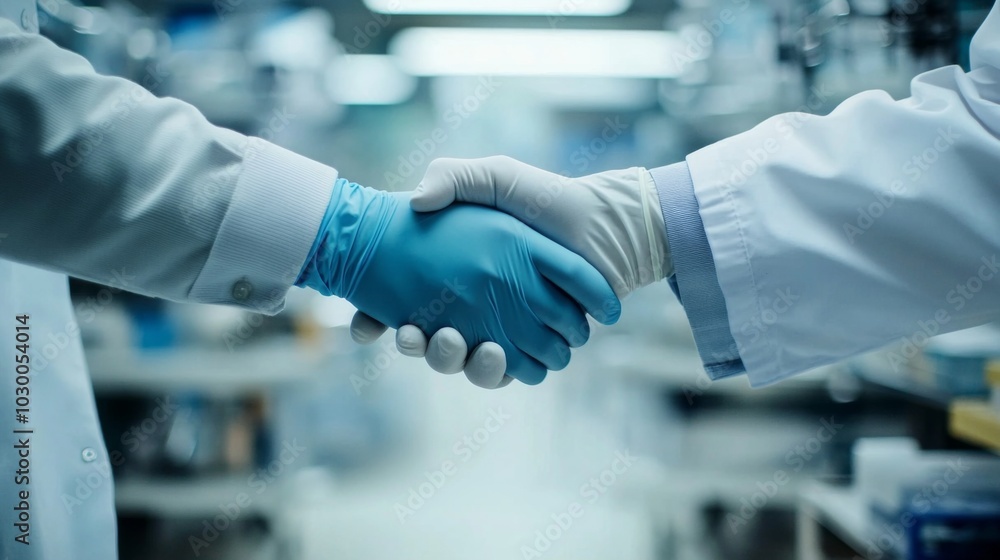 Agreement in a Laboratory: Two People Shake Hands, One in Lab Coat, Blue Gloves. Background Equipment Visible, Foreground Handshake Focus. Agreement in a Laboratory: Two People Shake Hands, One in Lab Coat, Blue Gloves. Background Equipment Visible, Foreground Handshake Focus.