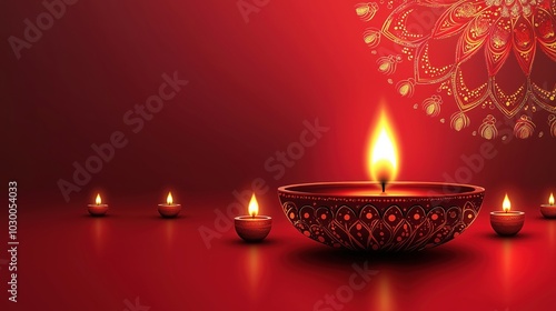 Happy Diwali, illustration of burning diya lamps with colorful lights on a red background photo