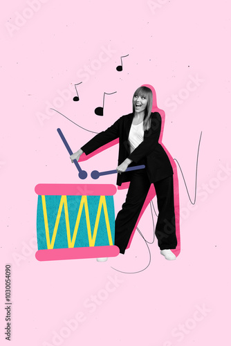 Wallpaper Mural Vertical photo collage of happy girl drummer hold drumsticks music note sound performance weekend party isolated on painted background Torontodigital.ca
