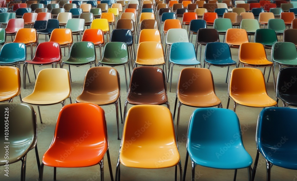 Naklejka premium Vibrant Rows of Colorful Chairs in Neat Orderly Arrangement with Blurred Indoor Background and Bright Cheerful Mood