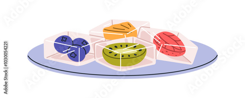 Jelly dessert pieces on plate. Sweet gelatin treat with fruit flavors, strawberry, kiwi, blueberry, pineapple. Refreshing gel food, jello snack. Flat vector illustration isolated on white background