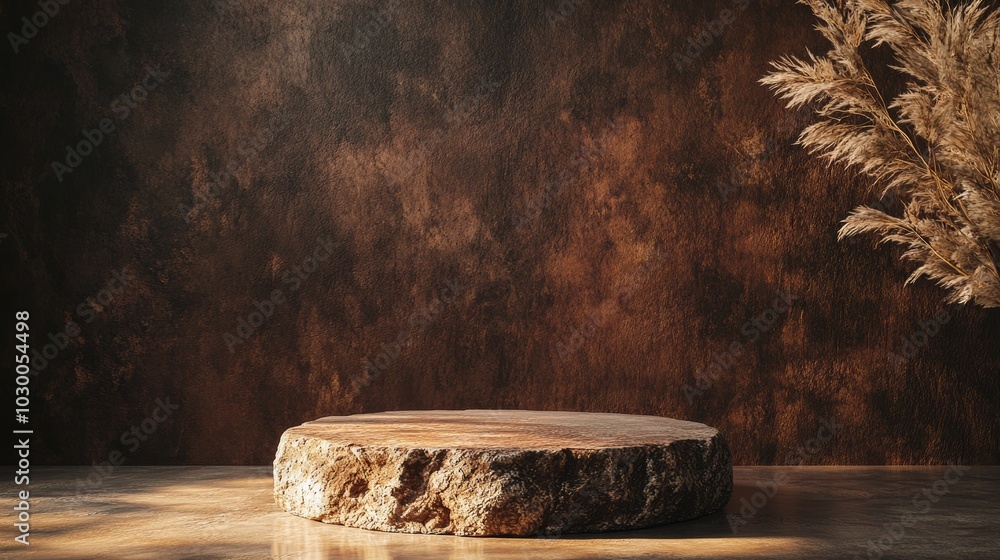 A brown studio with a dark wall provides a backdrop for a rock podium displaying a product. The setting has plenty of space for text, perfect for a product presentation. A brown studio with a dark wall provides a backdrop for a rock podium displaying a product. The setting has plenty of space for text, perfect for a product presentation.