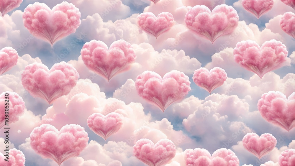 Fototapeta premium Charming Pink Heart-Shaped Clouds Seamless Wallpaper Design for Romantic Decor and Backgrounds, Ideal for Interior Design, Digital Art, and Craft Projects