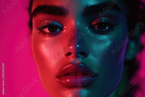 Striking Portrait with Dynamic Neon Lighting and Modern Beauty Aesthetics