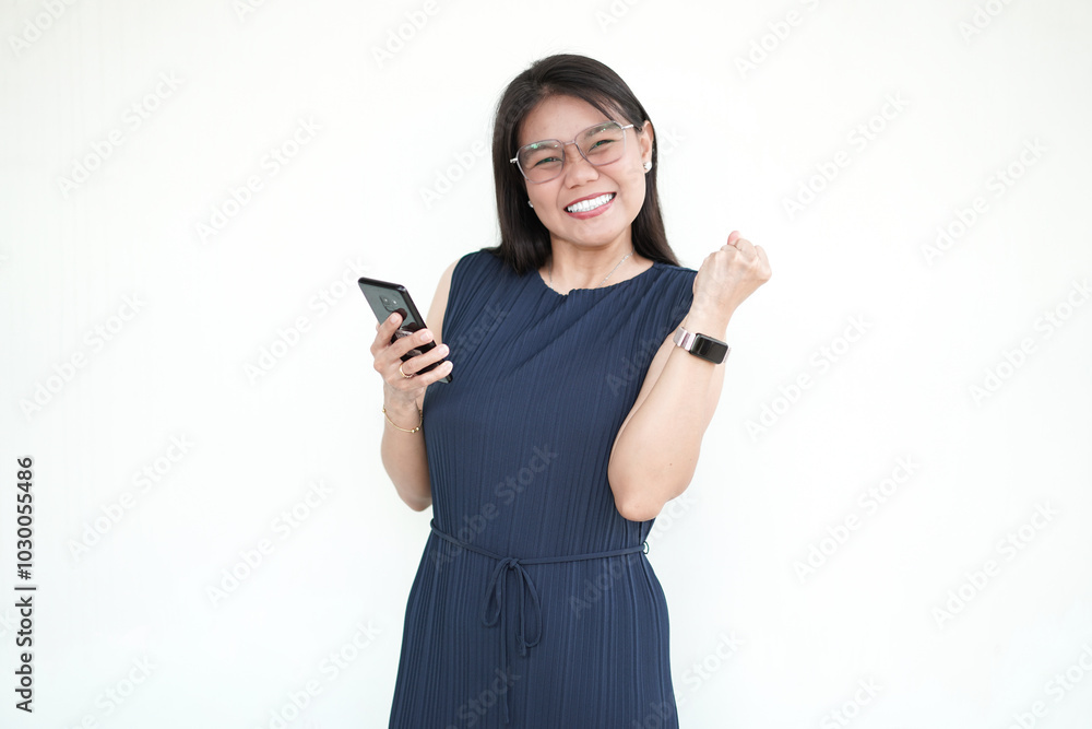 Beautiful Asian Woman Holding Smartphone with yes and happy gesture Isolated On White Background Beautiful Asian Woman Holding Smartphone with yes and happy gesture Isolated On White Background