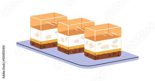 Jelly dessert pieces on plate. Sweet gelatin treat cream, mousse. Delicious jello food, gel dessert. Pastries, tasty yummy patisseries. Flat vector illustration isolated on white background