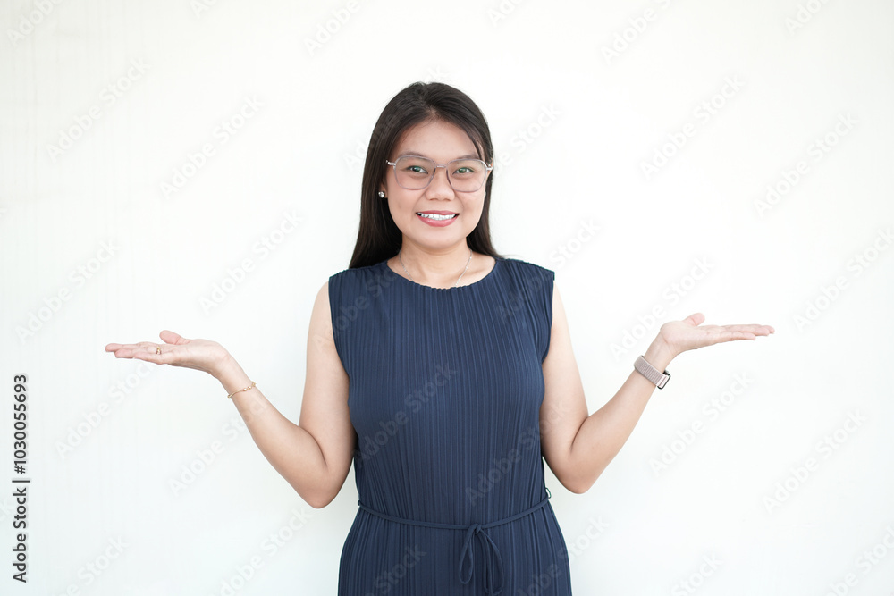 Beautiful Asian Woman Showing two product on empty palm Isolated On White Background Beautiful Asian Woman Showing two product on empty palm Isolated On White Background