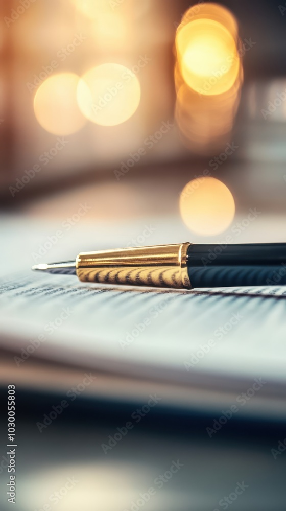 Fototapeta premium A close-up of a pen resting on a notepad with soft bokeh lights in the background, symbolizing creativity and organization.