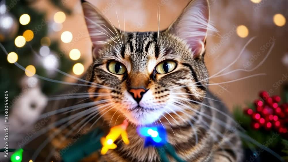 A close up of a cat playfully interacting with colorful holiday lights, creating a joyful and festive atmosphere A close up of a cat playfully interacting with colorful holiday lights, creating a joyful and festive atmosphere