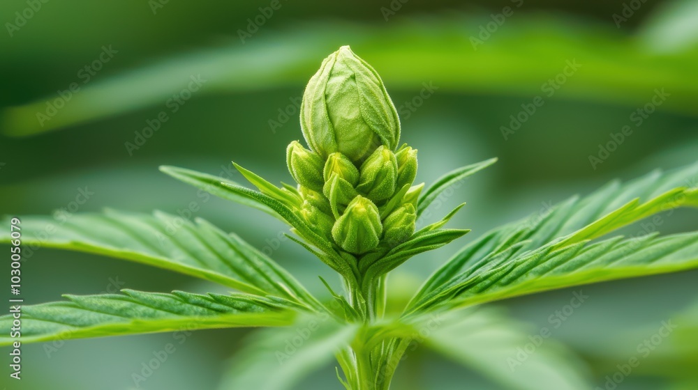 Close-up of a budding cannabis plant displaying its vibrant green leaves and distinct flower formation, against a soft blurred background. Close-up of a budding cannabis plant displaying its vibrant green leaves and distinct flower formation, against a soft blurred background.