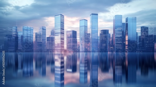 City skyline at dusk with tall modern glass buildings reflecting colorful sky in calm water, creating peaceful and serene mood.