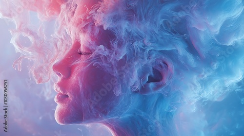 Generative AI Image of Beautiful Ethereal Girl with Colorful Pastel Abstract Swirl Fume Smoke