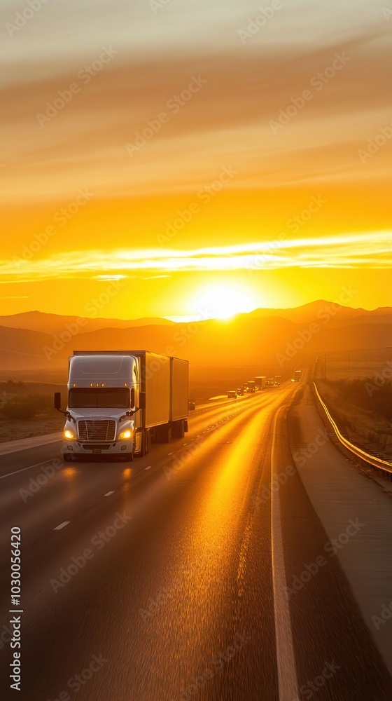 A delivery truck traveling on an open highway during a stunning sunset. A delivery truck traveling on an open highway during a stunning sunset.