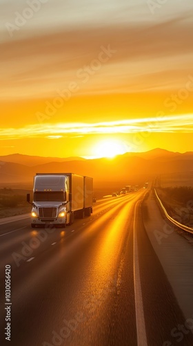 A delivery truck traveling on an open highway during a stunning sunset.