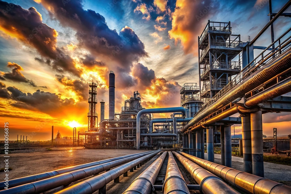 Medium Shot of Industrial Pipeline and Rack at Sunset in Desert - Future of Energy, Candid Photography, Industrial Plant, Refinery, Cloudy Sky, Energy Transition, Oil and Gas Medium Shot of Industrial Pipeline and Rack at Sunset in Desert - Future of Energy, Candid Photography, Industrial Plant, Refinery, Cloudy Sky, Energy Transition, Oil and Gas